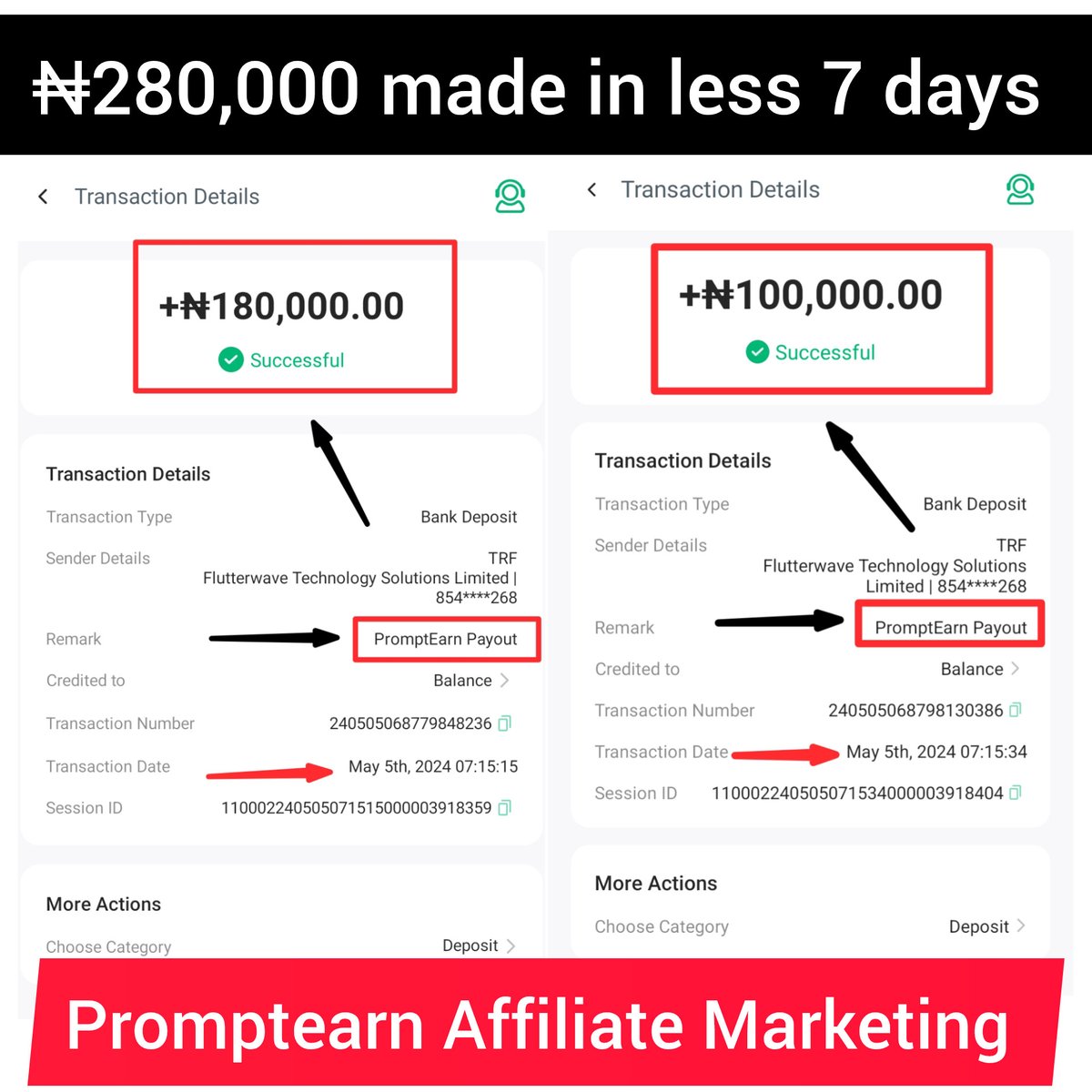 After receiving 1.9 million naira from Promptearn Affiliate Marketing earlier this week Here's an extra 280k Again made in one week from Promptearn Thank you @promptearn @MartinsOsimen_ & @BamsonOfficial Coach Uwemgo