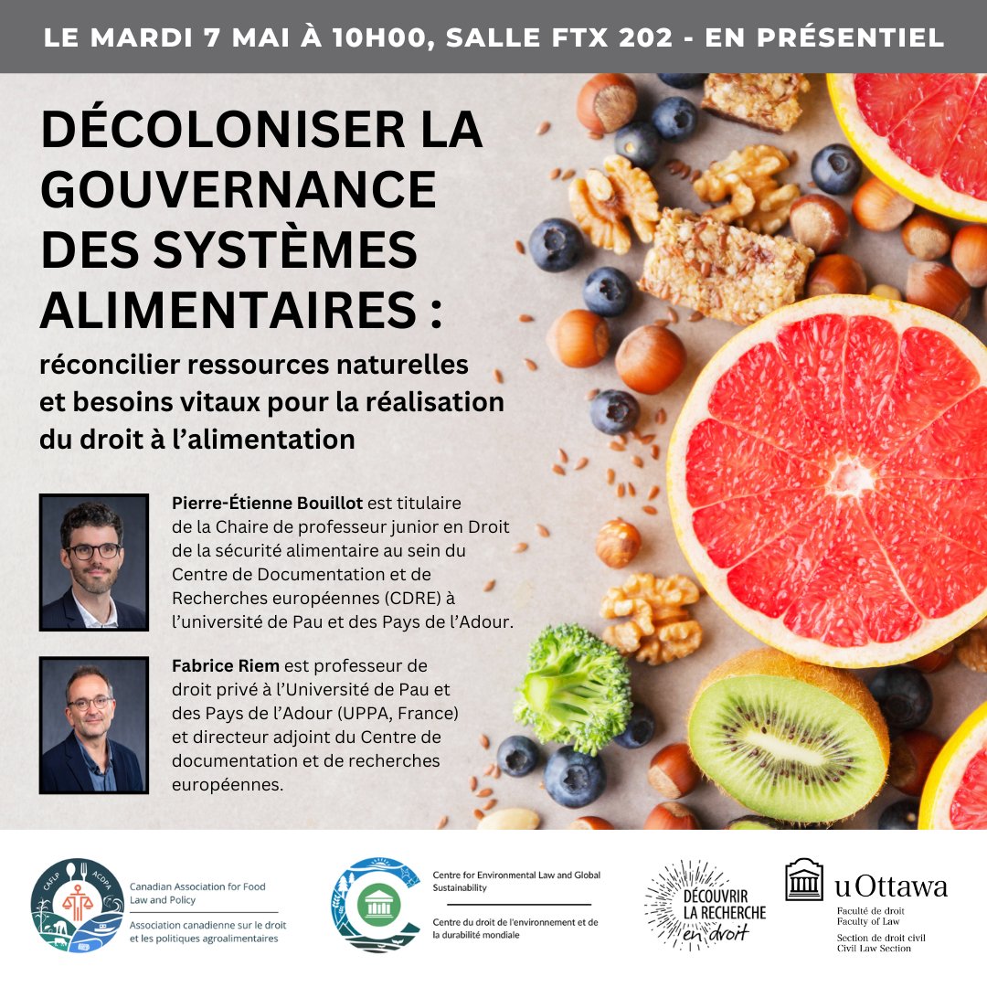 CELGS's tweet image. 🎙️Conférence le 7 mai à 10h en salle FTX 202 "Décoloniser la gouvernance des systèmes alimentaires" avec Fabrice Riem et Pierre-Etienne Bouillot ! 
➡️Inscription ici : eventbrite.ca/e/decoloniser-…