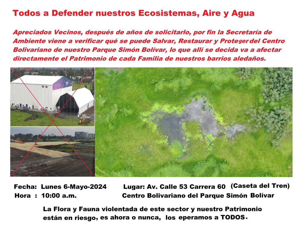 Los invitamos a defender y proteger la Estructura ecológica principal de @Bogota. La cita es mañana Lunes 6 de Mayo a las 10 am vamos a defender el Centro Bolivariano del parque Simon Bolivar @teusaquillo13 @JAC_LaEsmeralda @rhumedalsalitre @MinAmbienteCo @susanamuhamad