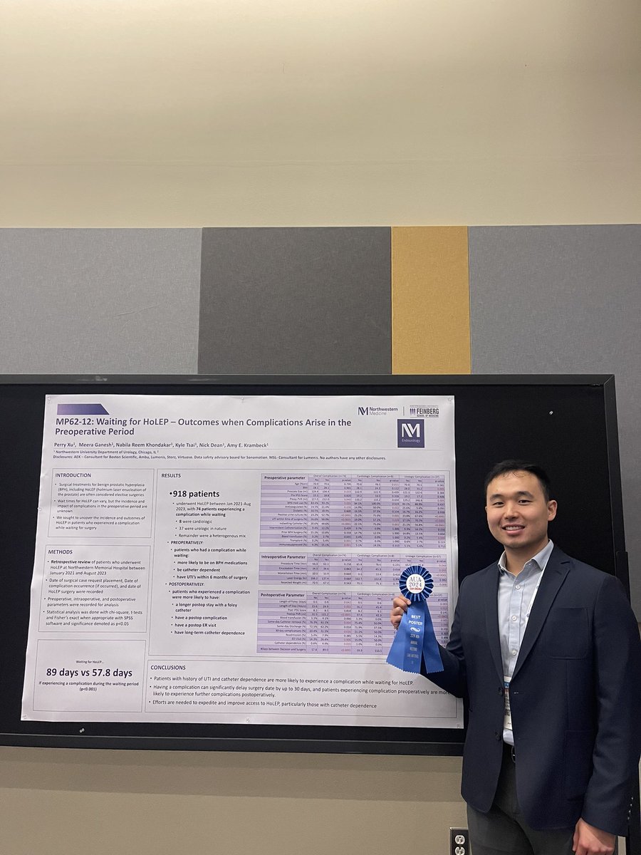 Best Poster Win for @EndourologyNm Fellow, Perry Xu, MD, on “Waiting for HoLEP - Outcomes when Complications Arise in the Preoperative Period” @AmerUrological #AUA24 @amy_krambeck Congratulations, @perryjxu! 👏🏆