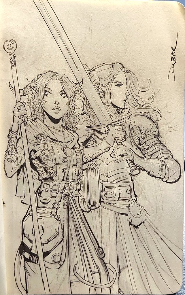 Sketch of a wizard and a paladin in the little travel sketchbook. Thanks for voting! #dnd