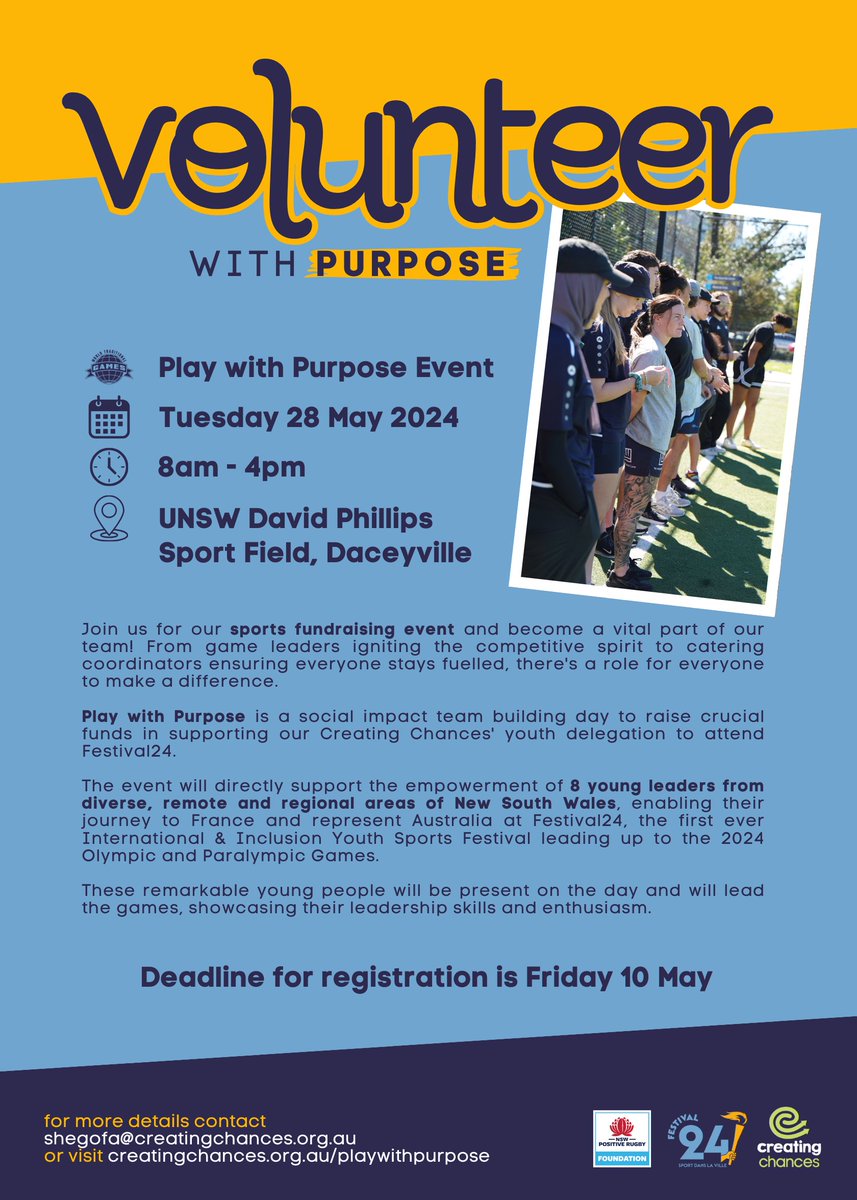 🏐 Sports Volunteer Opportunity to support youth and transform lives. 

Join our team for #PlayWithPurpose 👊 at David Phillips Sports Field, <a href="/UNSW/">UNSW</a> home of <a href="/NSWWaratahs/">NSW Waratahs</a>  and the NSW Positive Rugby Foundation 🏉 

Apply before Friday 10 May 👉 forms.monday.com/forms/8eece517…