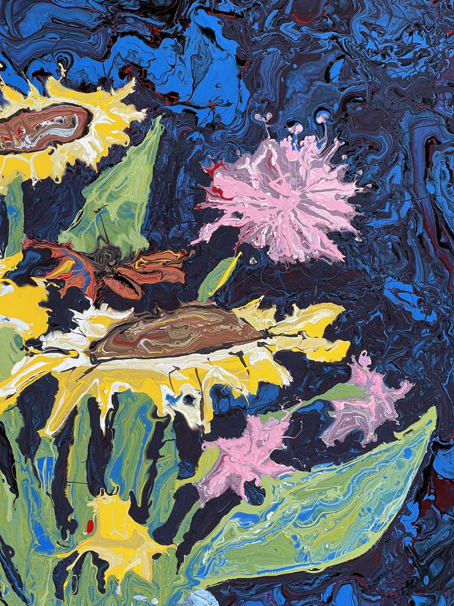 thewhateverist's tweet photo. Poured paint marbled landscapes made by pouring numerous puddles of paint on the canvas until the entire surface is completely covered in one smooth layer of paint that dries like glass. Flowers for You by Jon  Byrer #art #painting #jonbyrer #maine https://t.co/P99TkCxlWn