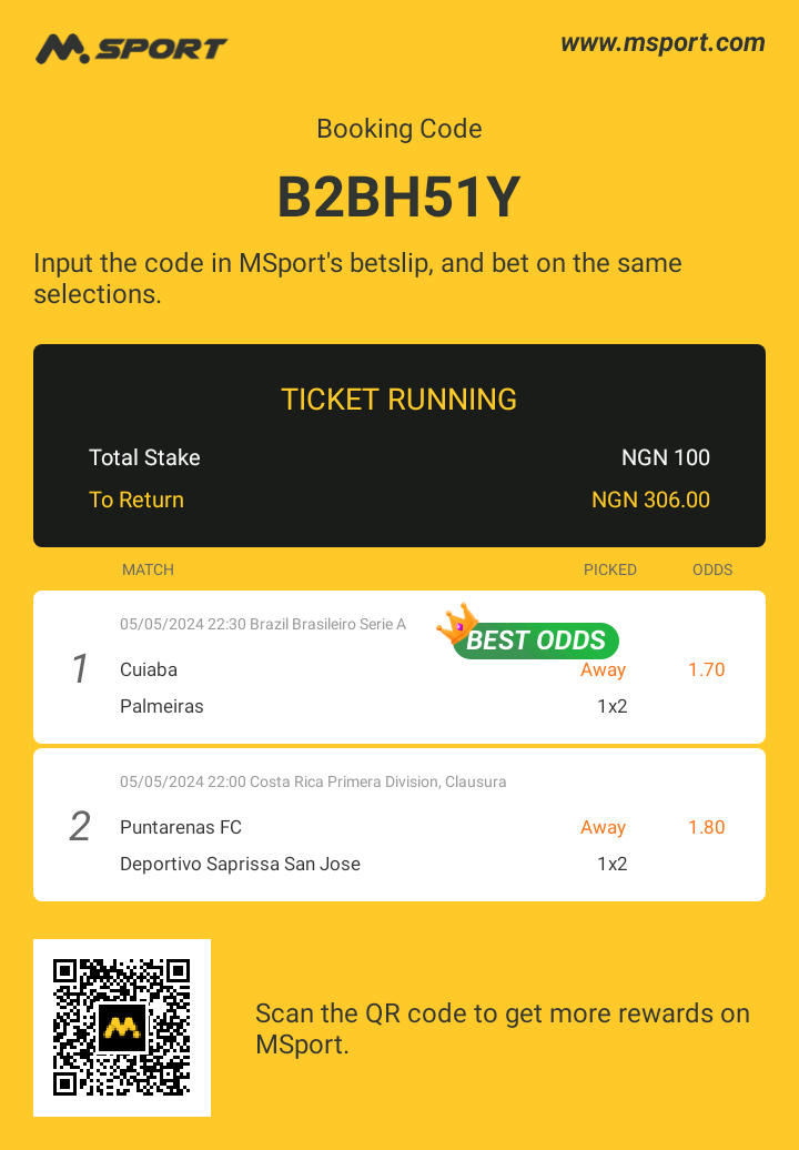 @MSportOfficial My Bet Slip Booking Code: B2BH51Y

#MSportShareCode
#MSportBettingBattle
#BetNowOnMSport