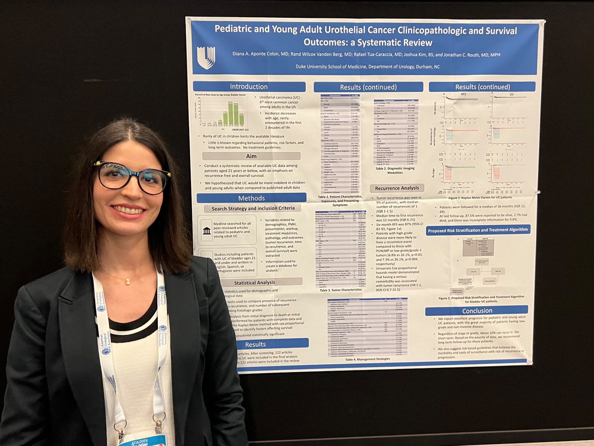 🏆Wow! Best poster award to our own amazing PGY3 Dr. Diana Aponte Colon on the national stage #AUA2024! Incredibly proud of her hard work evaluating clincopath and outcomes for urothelial cancer 🙌🏻 @DukeUrology @DukeGUCancer @DukePedsUro