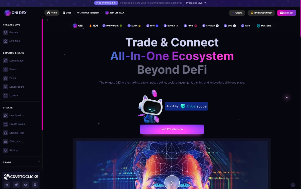 oniexchange's tweet image. 🚀Biggest DEX in the making? Presale starts soon!

#dex #DeFi #launchpad #Web3Social #Web3gaming #P2E #exchange #BSC #SOL #GALA #Ethereum