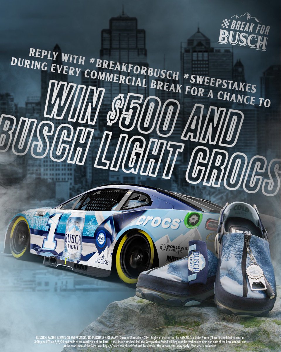 Hey look, @RossChastain is officially in sport mode ✅ @kansasspeedway​ Be sure to keep an eye on the #1 CROC car and reply during commercial breaks with #BreakForBusch #Sweepstakes for a chance to win a pair of our limited-edition Busch Light Crocs and $500! #AdventHealth400