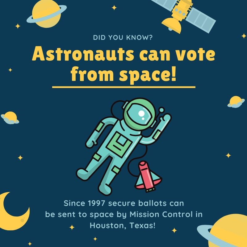 It's National Space Day. Did you know that Astronauts can vote from space? Secure ballots are sent to space by Mission Control in Houston, Texas. 
#votinginspace #astronauts #weirdhistory #wildfacts #weberelections #nationalspaceday #spacetravel #voting #missioncontrol #NASA