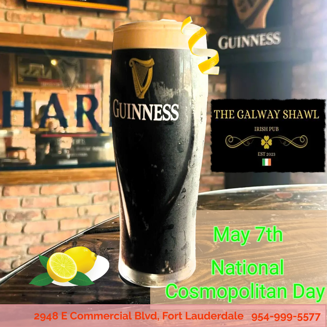 Attention, cosmopolitan connoisseurs!  Today is National Cosmopolitan Day, a time to celebrate that iconic pink cocktail... but honestly, who can resist a perfectly poured Guinness on a sunny day?

#GalwayShawl #Guinness #IrishPub #SoFloDining #BeachsideDirectory