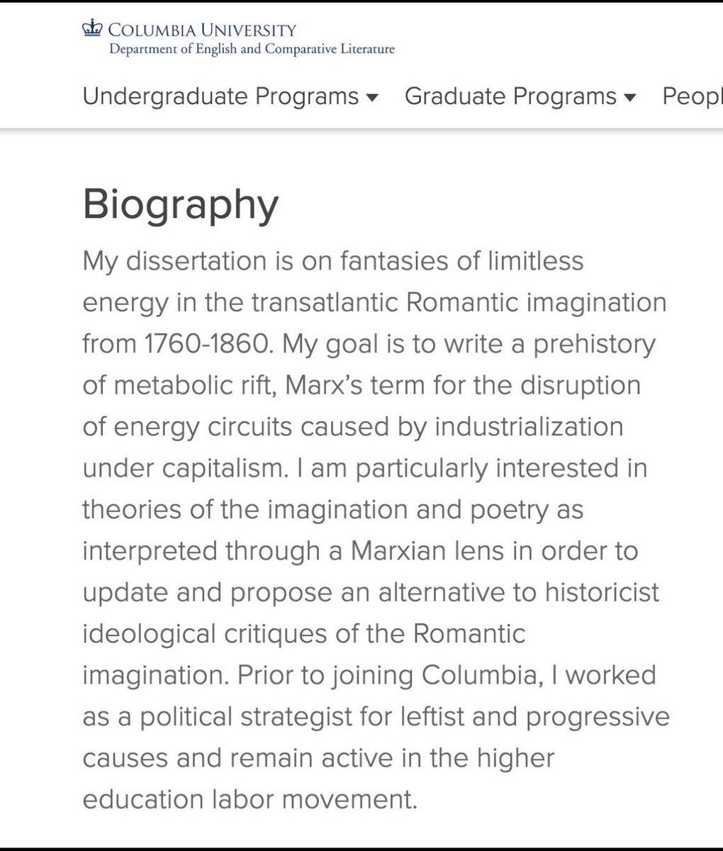 The Ivy League student, who bravely demanded humanitarian aid from her oppressors at Columbia University, is writing a dissertation about “the fantasies of limitless energy in the Romantic imagination…a prehistory of metabolic rift, Marx’s term for the disruption of energy…
