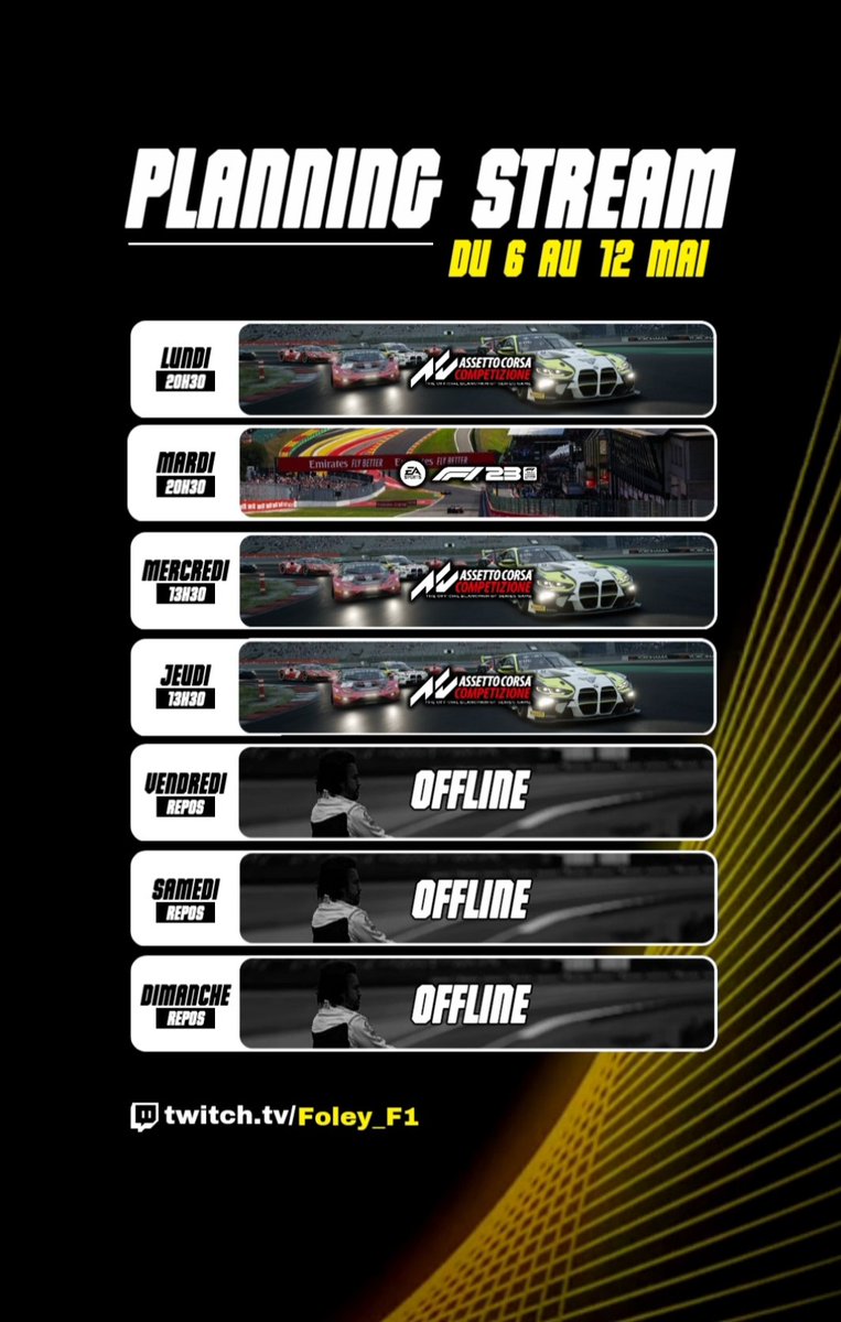 Foley_F1's tweet image. Le planning de la semaine les amis avec le démarrage de la @VictoryDrift demain soir ! Tellement haute de démarrer ce championnat sur @AC_assettocorsa ça ça être génial et mardi soir la coop FF Crew à 10 pilotes oui oui ! 😍