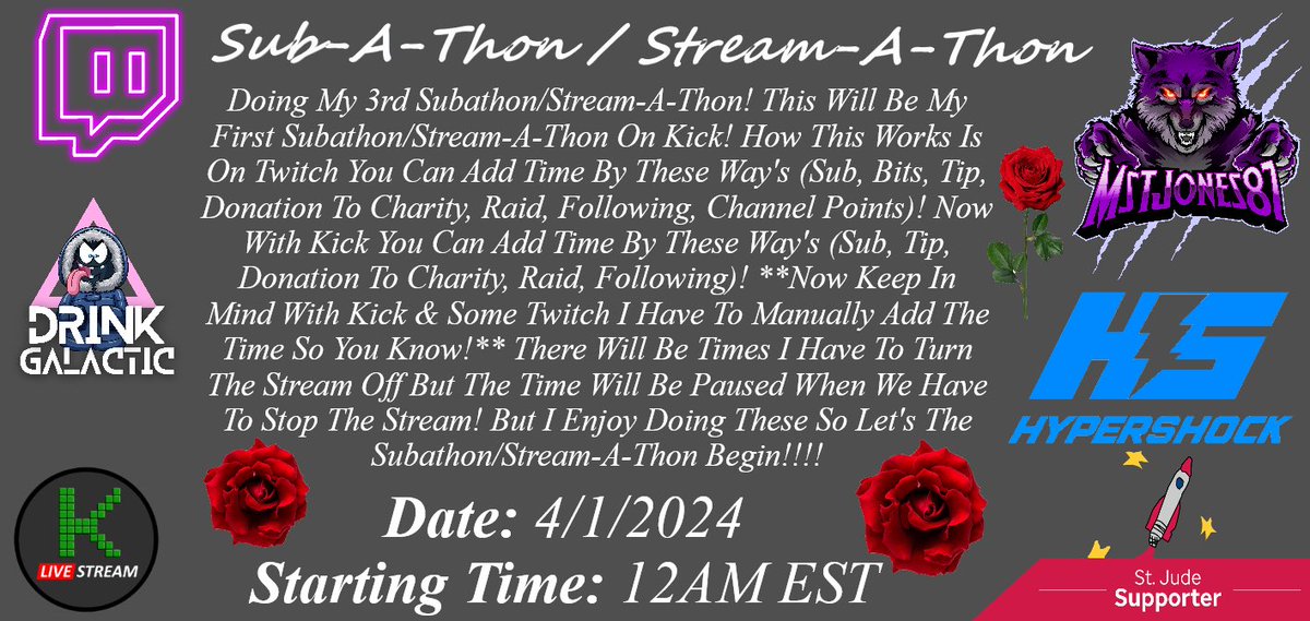 Streaming Schedule For This Week EST: Monday Day 36 Tuesday Day 37 Wednesday Day 38 Thursday Day 39 Friday Day 40 Saturday Day 41 Sunday Day 42 PS Please Be Patient With Me Still Taking Care Of Mom! SubAThon Is Live Still! Now Till June 1st 12am Raising Money For @StJude!
