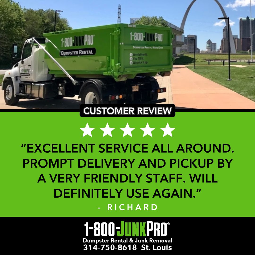 “Excellent service all around. Prompt delivery and pickup by a very friendly staff. Will definitely use again.” - Richard 

Thank you for the awesome review Richard, we appreciate you choosing 1-800-JUNKPRO St. Louis! 

#stlouis #saintlouis #dumpsterrental #rentaldumpster