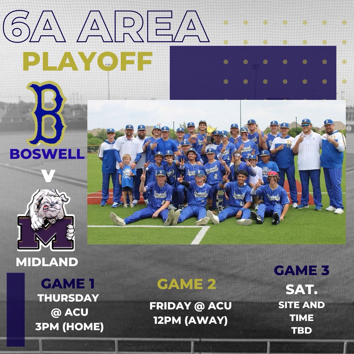 ROUND 2 LOADING..

Area Round 
BOSWELL VS MIDLAND!!!

📆: Thursday, May 9th
⏰: 3PM
🏟️: Abilene Christian University 

📆: Friday, May 10th
⏰: 12PM
🏟️: Abilene Christian University 

**Saturday (if needed) TBD 11 or 1- pending site
⁦<a href="/emsisdathletics/">EMS ISD Athletics</a>⁩ ⁦<a href="/boswellhs/">Boswell High School</a>⁩