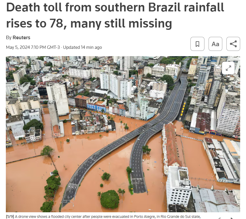 This week we are having the worst climate disaster in history of Brazil in Rio Grande do Sul, with 78 dead, 100+ missing (most presumably dead) and over 100,000 displaced. If you can help with just one dollar, I'm posting a link to the Brazil Foundation on the replies.