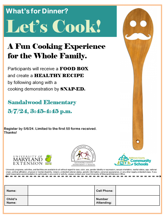 @Sandalwood_BCPS This Tuesday, 5/7/24, is our first Cooking Class ever at 3:45 p.m.! This event is FREE for Sandalwood families and every family that attends receives a free box of produce/eggs/meat. Registration is required! 

forms.gle/kuPXqfCHR1sEhZ…

#communityschool