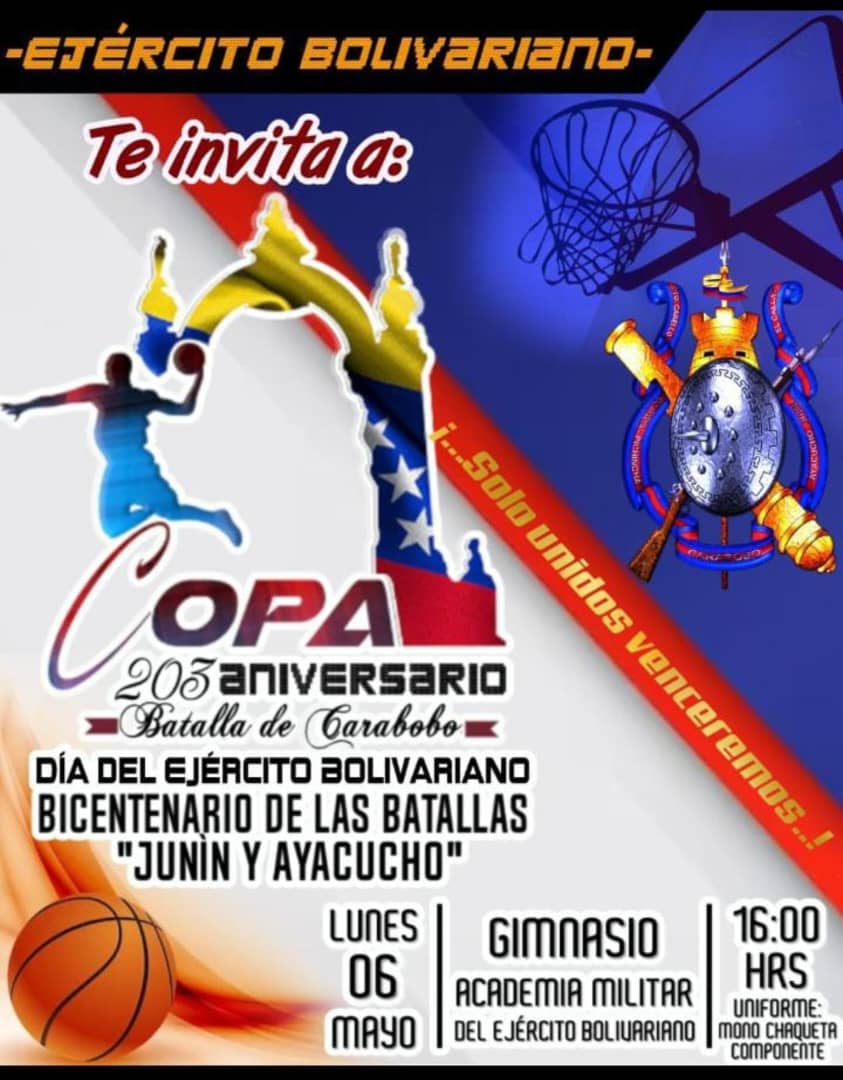 🏀 #Copa203Aniversario|| Te invitamos este lunes 06 de mayo, al Gimnasio de la Academia Militar del Ejército Bolivariano para el acto de inauguración del campeonato de baloncesto Copa 203 Aniversario de la Batalla de Carabobo y Día del Ejército Bolivariano! donde con trabajo en…