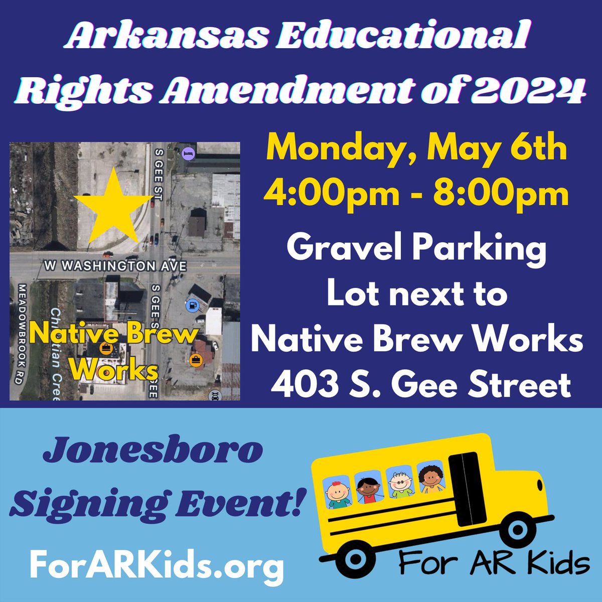 Hello, Jonesboro! If you haven't signed the petition to get the #AREducationalRightsAmendment on the ballot, drive by 403 S. Gee St. today from 4-8 p.m. and join the movement #ForARKids.
Sign. Follow. Share. Like.
#RegnantPopulus #Arkansas #arpx