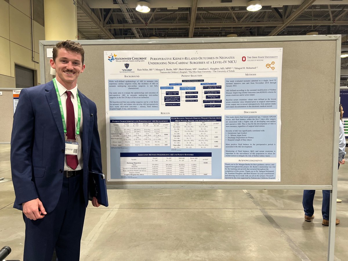 Congratulations to student Dr. Rain Miller and neph fellow Dr. Beebe @beanqueenbb on their work characterizing perioperative AKI in neonates undergoing non-cardiac surgeries. #PAS2024 #ASPN2024