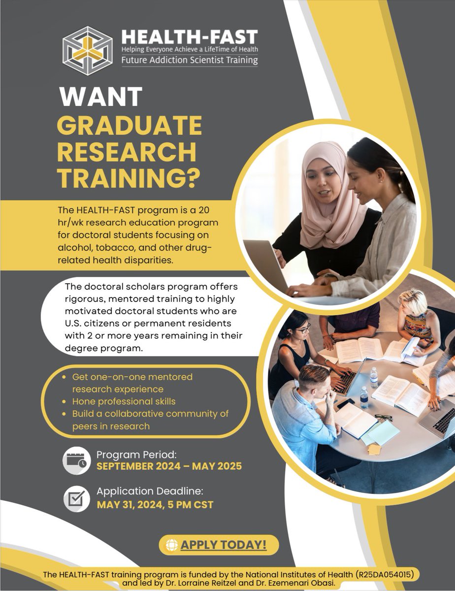 Apply Now!! The NIDA-funded research program led by Dr. Lorraine Reitzel and Dr. Ezemenari Obasi. Applications open to #doctoralscholar. Due 05/31/2024. Click here; uhhealthfast.com/apply
