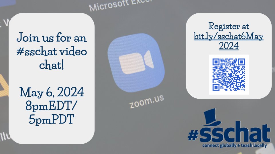 Happy #sschat day! Today's #sschat will be on Zoom rather than Twitter. We'll still be meeting at 8pmEDT/5pmPDT. Be sure to register by visiting bit.ly/sschat6May2024 or by using the QR code in the image below. Looking forward to seeing you there!