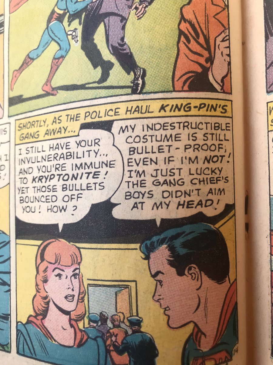 58 years ago and Superboy gets down to the gist of all those movies and TV shows where our hero is wearing a bullet proof vest and no head gear…yet the bad guys still go for the trunk.