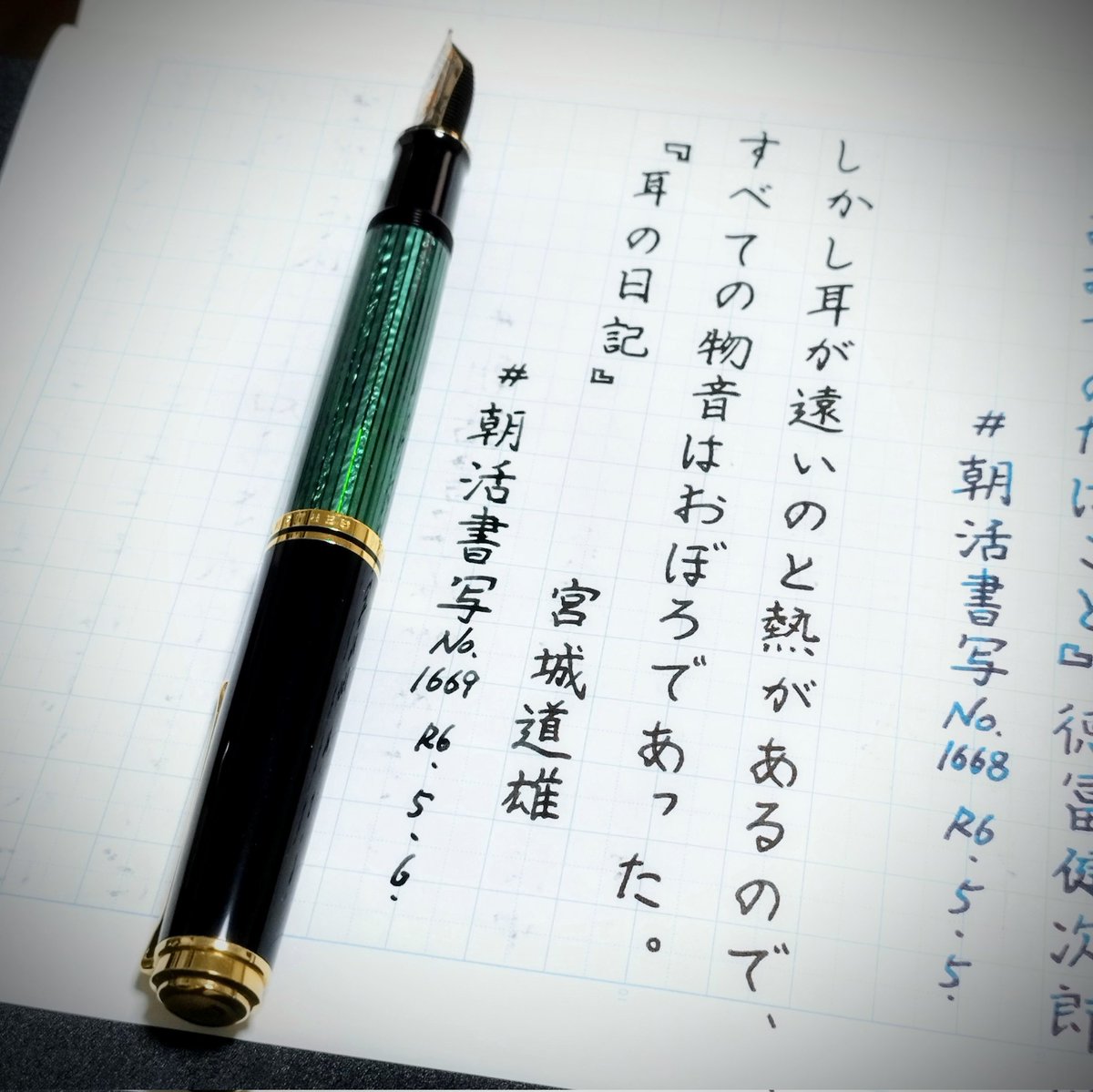 『耳の日記』宮城道雄 #朝活書写 No.1669 #朝活書写_1669 2024.05.06 ペン: ペリカン スーベレーン M1000 Fニブ インク: セーラー万年筆 四季織  海松藍