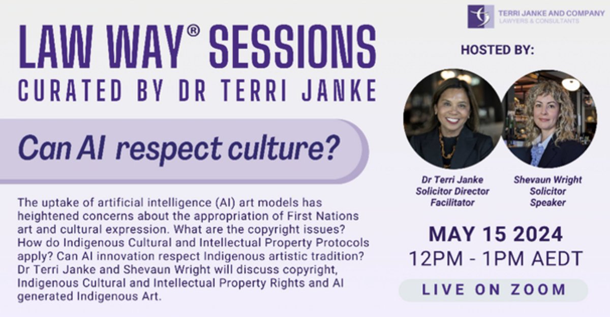 Making Indigenous art using artificial intelligence raises copyright and Indigenous Cultural and Intellectual Property issues. Come along to hear what they are? #AIandArt #IndigenousAI terrijanke.com.au/copy-of-law-wa…