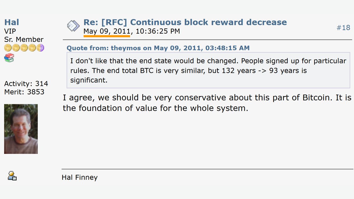 13 years ago today, Hal Finney discussed the significance of #Bitcoin’s supply issuance remaining unchanged.