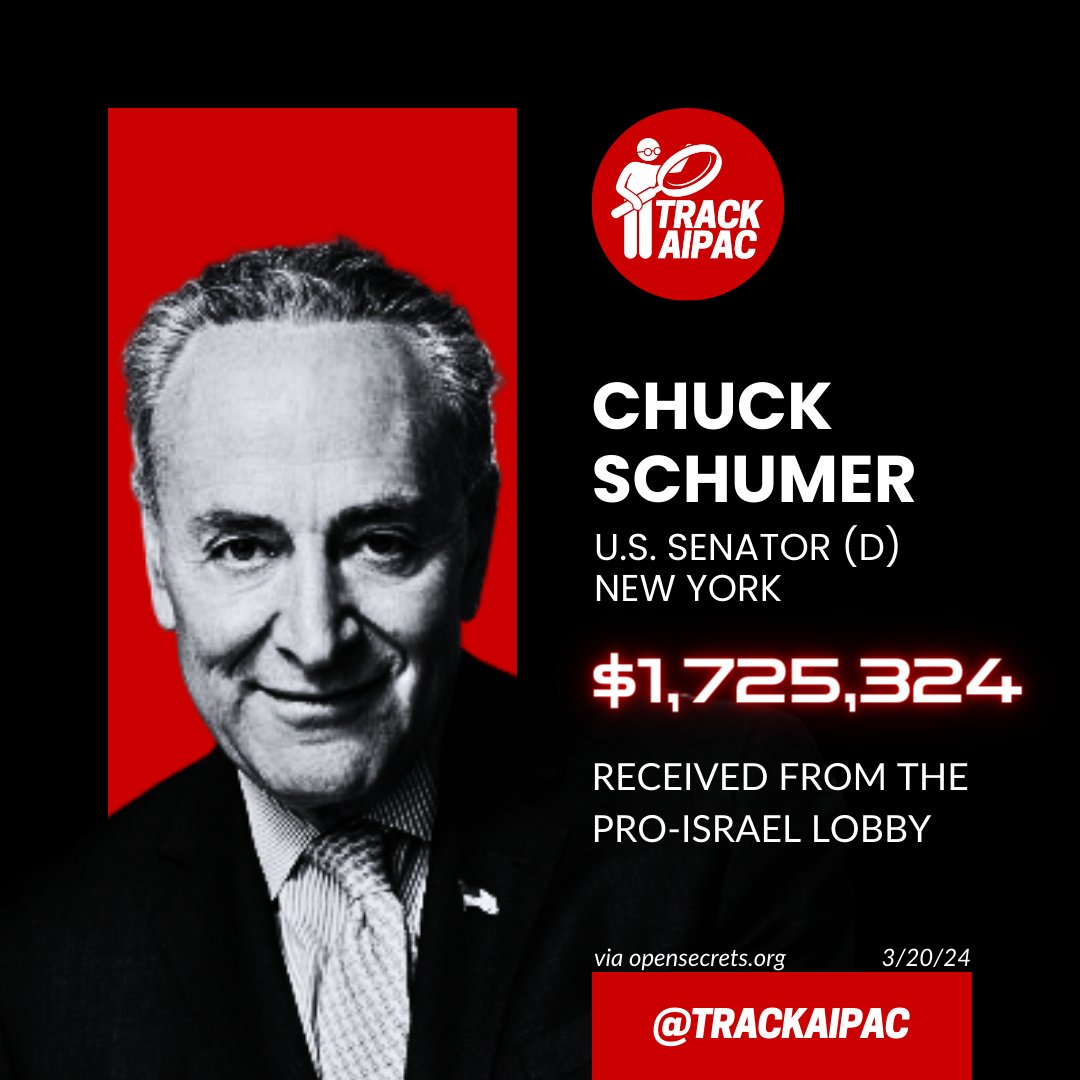 @SenSchumer Chuck Schumer has received >$1,725,000 from AIPAC and their allies. Now he denies their ongoing genocide of Palestinians and delivers unconditional military aid to Netanyahu. #RejectAIPAC
