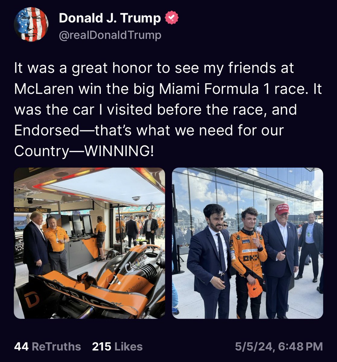 Donald Trump takes credit for Lando Norris’ Formula One win. Nice work by @McLarenF1 allowing yourself to get used by this huckster.