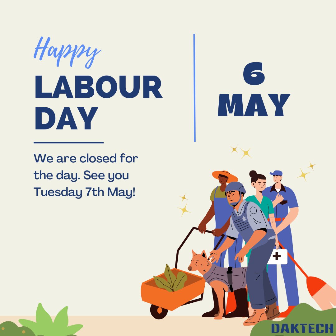 🛠️ DakTech is closed for Labour Day and will reopen at 8:30am tomorrow. Hope you and your family have a relaxing day!⁠ If you need to contact us, email 📧 support@daktech.com.au

#daktech #tech #townsville #queensland #publicholiday #labourday #relax #holiday #longweekend