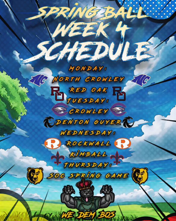 Juwan Davis (@mrjdavis96) on Twitter photo Week 4 Spring Ball Schedule ❗️
• Monday: <a href="/NorthCro_FB/">North Crowley Football</a> & <a href="/rohawksfootball/">Red Oak Hawks Football</a>
• Tuesday: <a href="/CTownEaglesFB/">CrowleyFootball</a> & <a href="/DentonGuyer_FB/">Denton Guyer Football</a>
• Wednesday: <a href="/ROCOgameday/">Rockwall County Gameday</a> & <a href="/StillKimball/">Kimball Knights Football🏈</a>
• Thursday: <a href="/SOCGoldenBearFB/">SOC Football</a> Week 4 Spring Ball Schedule ❗️
• Monday: <a href="/NorthCro_FB/">North Crowley Football</a> & <a href="/rohawksfootball/">Red Oak Hawks Football</a>
• Tuesday: <a href="/CTownEaglesFB/">CrowleyFootball</a> & <a href="/DentonGuyer_FB/">Denton Guyer Football</a>
• Wednesday: <a href="/ROCOgameday/">Rockwall County Gameday</a> & <a href="/StillKimball/">Kimball Knights Football🏈</a>
• Thursday: <a href="/SOCGoldenBearFB/">SOC Football</a>