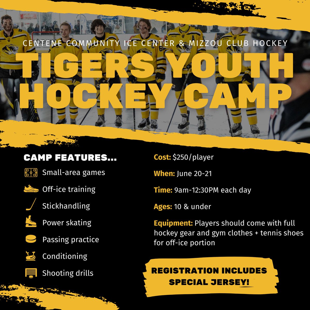 Centene Community Ice Center🤝@MizClubHockey Spots in the Tigers Youth Hockey Camp are filling fast! Enroll your youth player now so they can partake in drills alongside players from the Mizzou Club Hockey team. Registration: bit.ly/MUYTHCMP