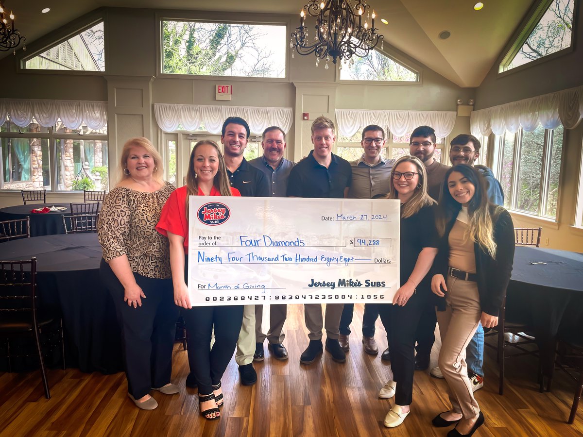 When you have a #PartnerInTheFight like Jersey Mike’s that deeply understands and supports the mission of Four Diamonds, they don’t just contribute. They go “a sub above.” During @jerseymikes Day of Giving, six locations raised an incredible $94,288 – all #ForTheKids!💠