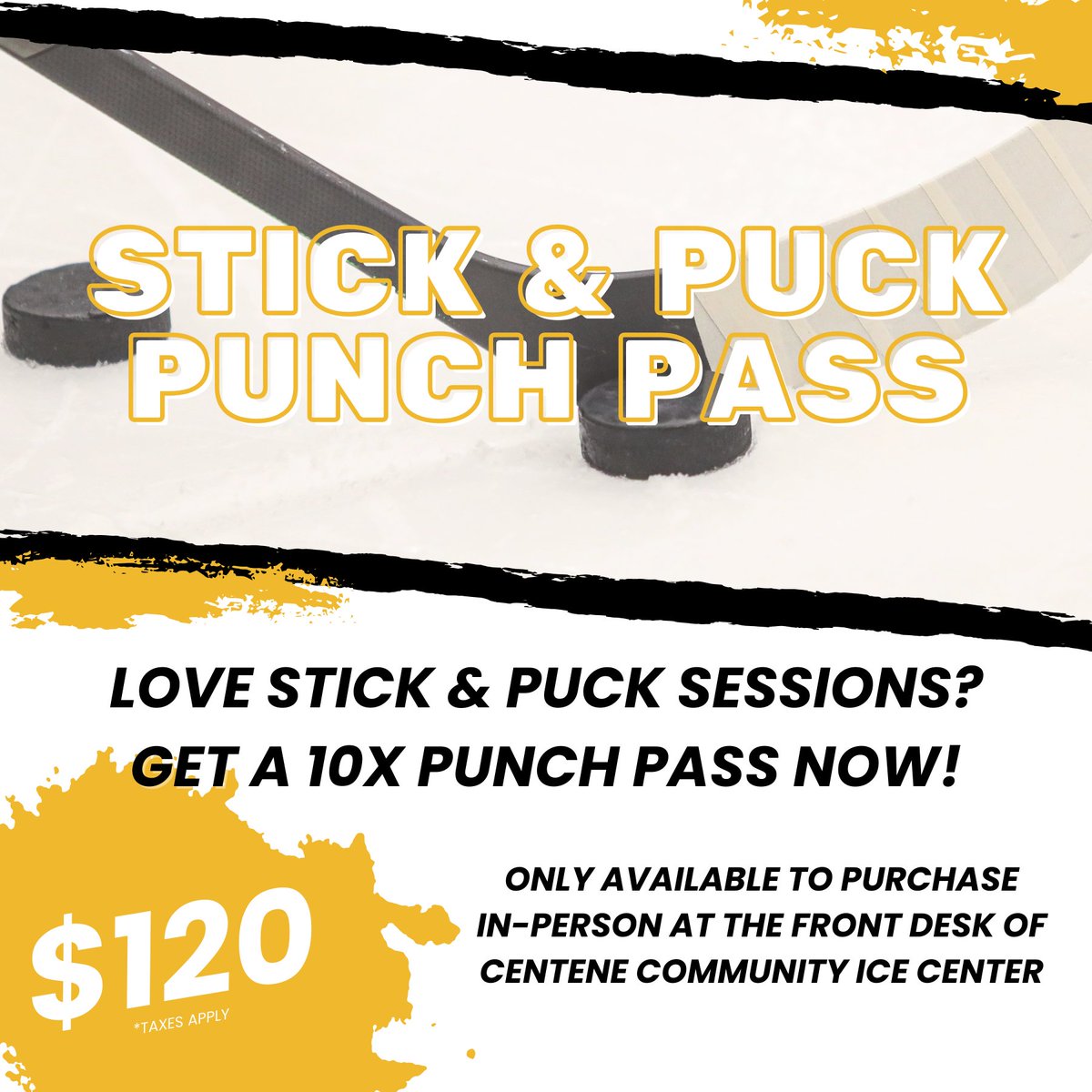 Punch Passes are here🎉Our new passes offer 10 admissions to some of your favorite public ice sessions at a discounted cost! Available now and only in-person at Centene Community Ice Center. Public Skate - $100 Stick & Puck - $120 Freestyle - $80