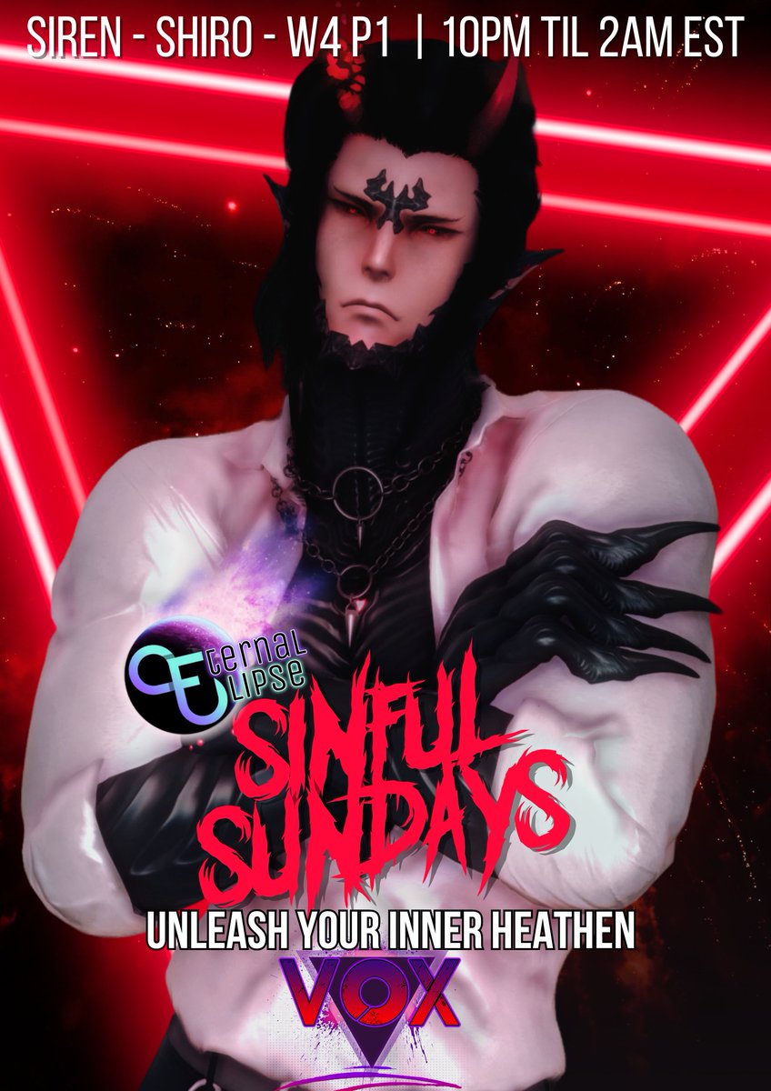 Tonight at #eternaleclipseffxiv we're breaking down the house with the one and only #ripperdoc known as <a href="/MLunarisen/">☢ 𝕍 𝕆 𝕏 ☢</a> as he brings down the house with a steady stream of rocking beats. Come on down to Aether Siren Shirogane W4P1 and make sure to check them out.