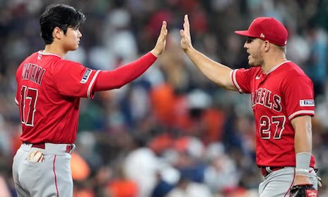 Mike Trout leads the American League in HRs with 10 and Shohei Ohtani leads the National League in HRs with 10.