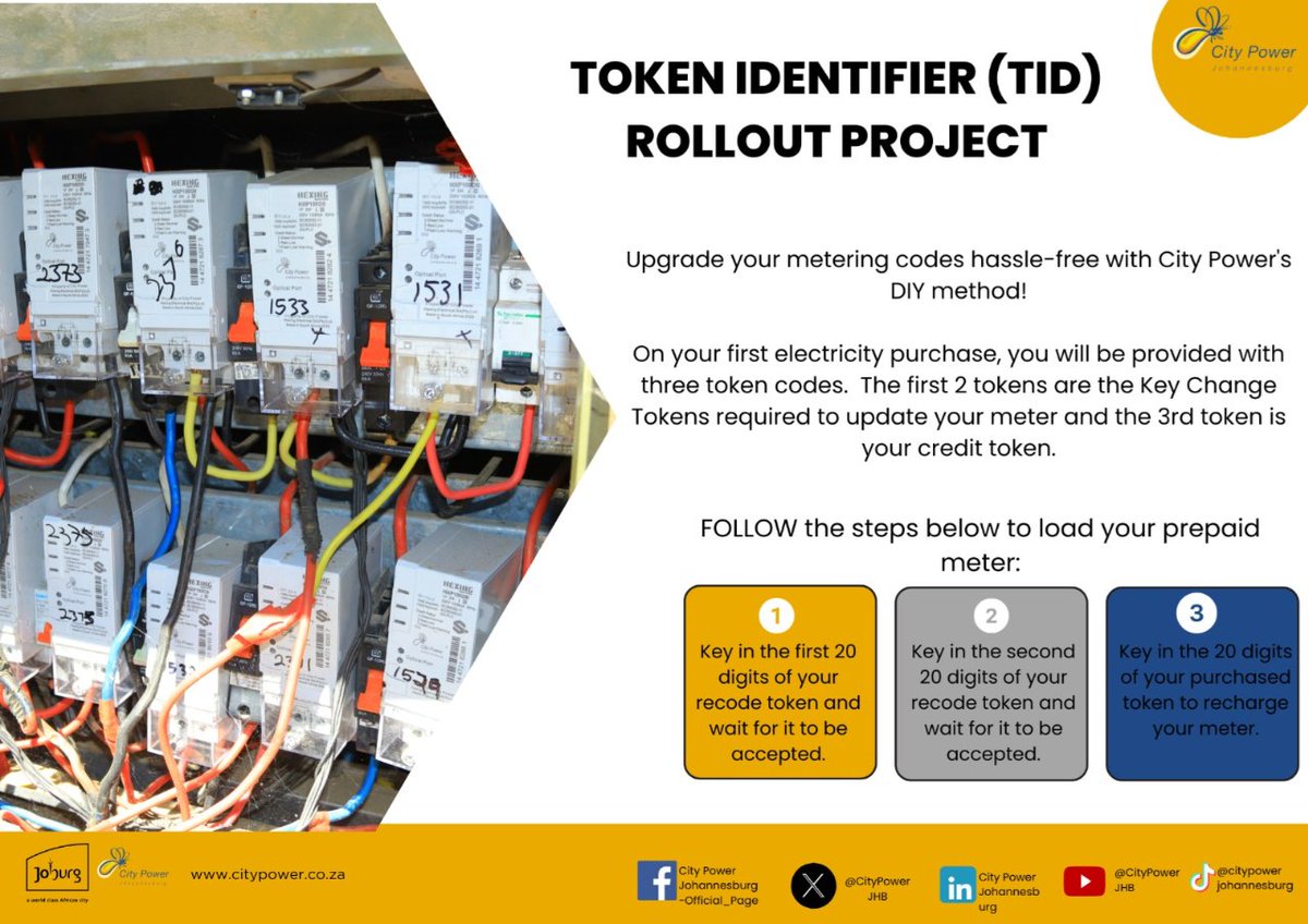 CityPowerJhb's tweet photo. #TIDRolloverProject
#CityPowerServices
#SmartMetersProject
Token Identifier (TID)Rollout Project
Follow these easy steps to load your prepaid meter. ^NM https://t.co/ZcRne1YWJT