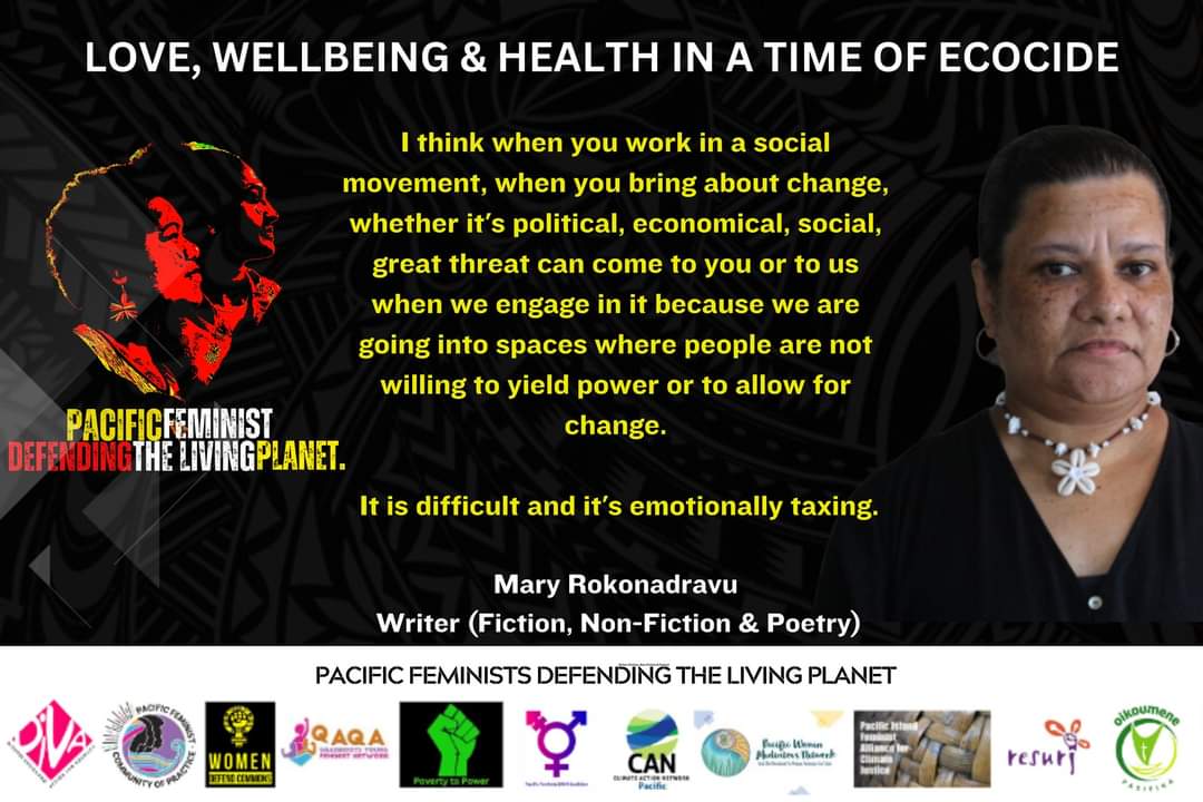 Pacific feminist activist and writer Mary Rokonadravu during the 'Love in a Time of Ecocide' freeskool session last year. Sign on here to Endorse, Join, and Support the Campaign: tinyurl.com/jmuht3m9 #PacificFeministDefendingTheLivingPlanet #FeministsForTheLivingPlanet