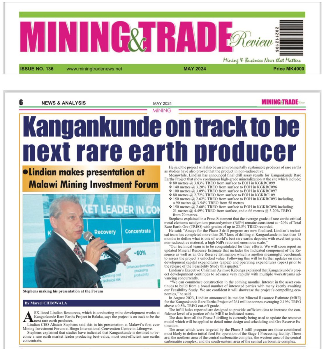 #Kangankunde on track to be next rare earth producer! $LIN $LIN.ax $LINiF #rareearths #malawi 🇲🇼 #mining Source MINING TRADE - MAY 2024