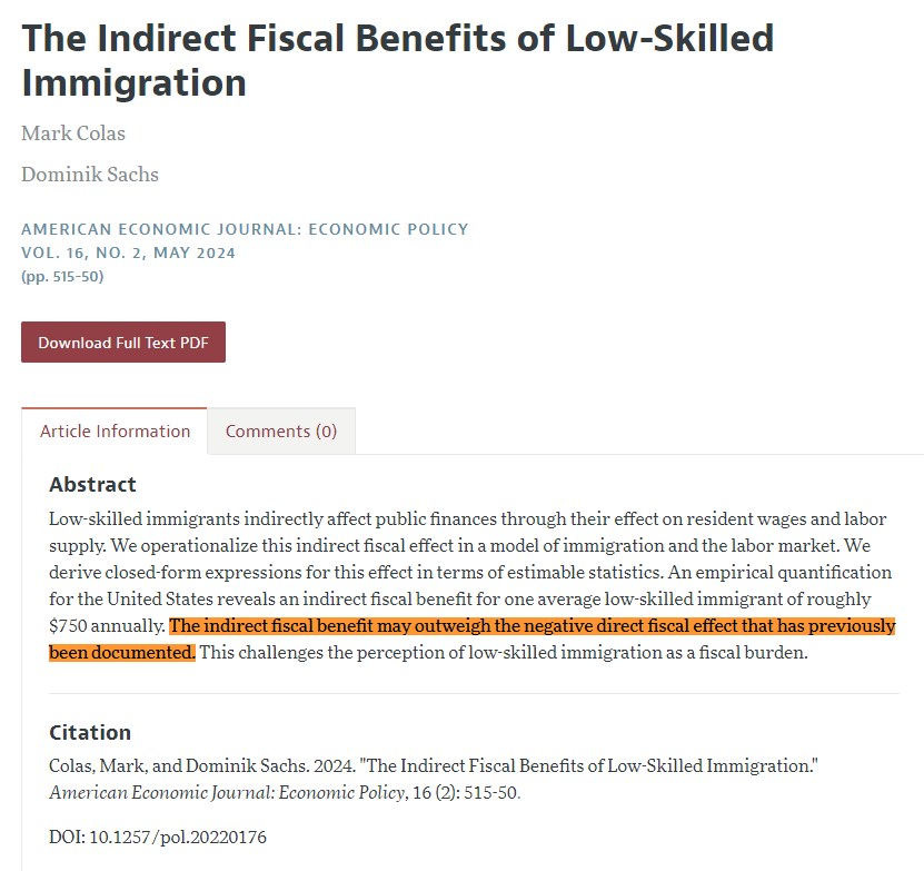 Look what finally got published! TL;DR: Under some OK assumptions, the indirect fiscal benefits of low-skilled immigration might outweigh the direct fiscal downsides, because low-skilled immigrants make natives more productive.