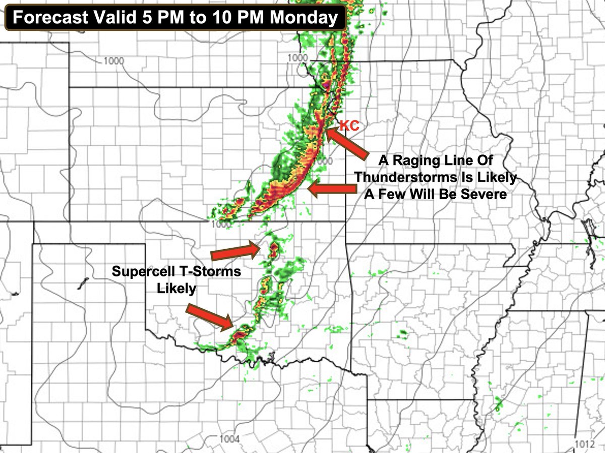 Kansas & Oklahoma are the target of a dangerous severe weather setup on Monday. This has been in the #LRC forecast for 80-days to arrive this week. Conditions are coming together for a potential outbreak that will threaten the KC metro area by late afternoon or evening.