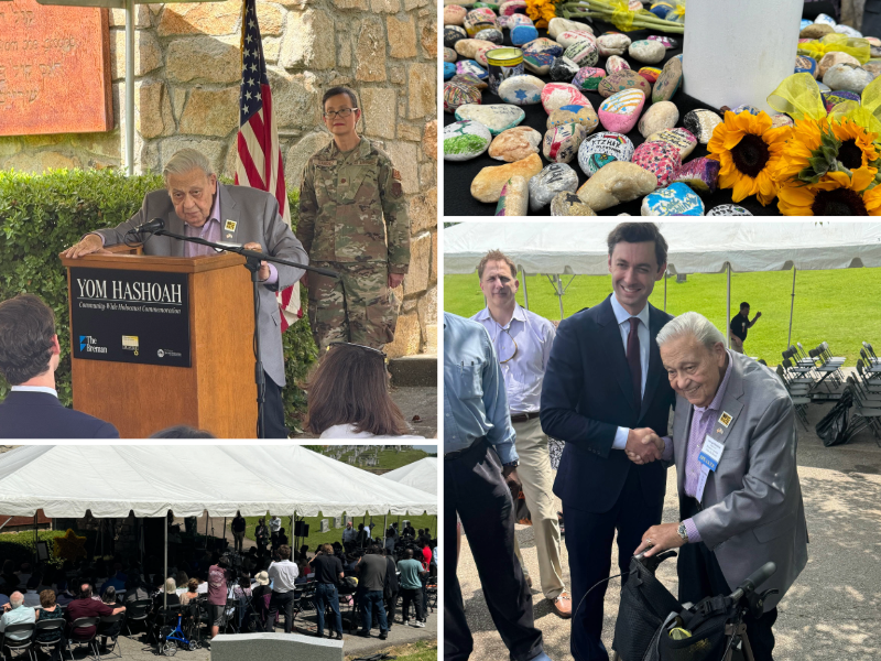 About 500 people gathered at Atlanta's Greenwood Cemetery for a Yom HaShoah Remembrance event today. U.S. Sen. Jon <a href="/ossoff/">Jon Ossoff</a> shared a family story and child survivor George Rishfeld told of being given over to a Catholic family by his parents. Our coverage: roughdraftatlanta.com/2024/05/05/yom…