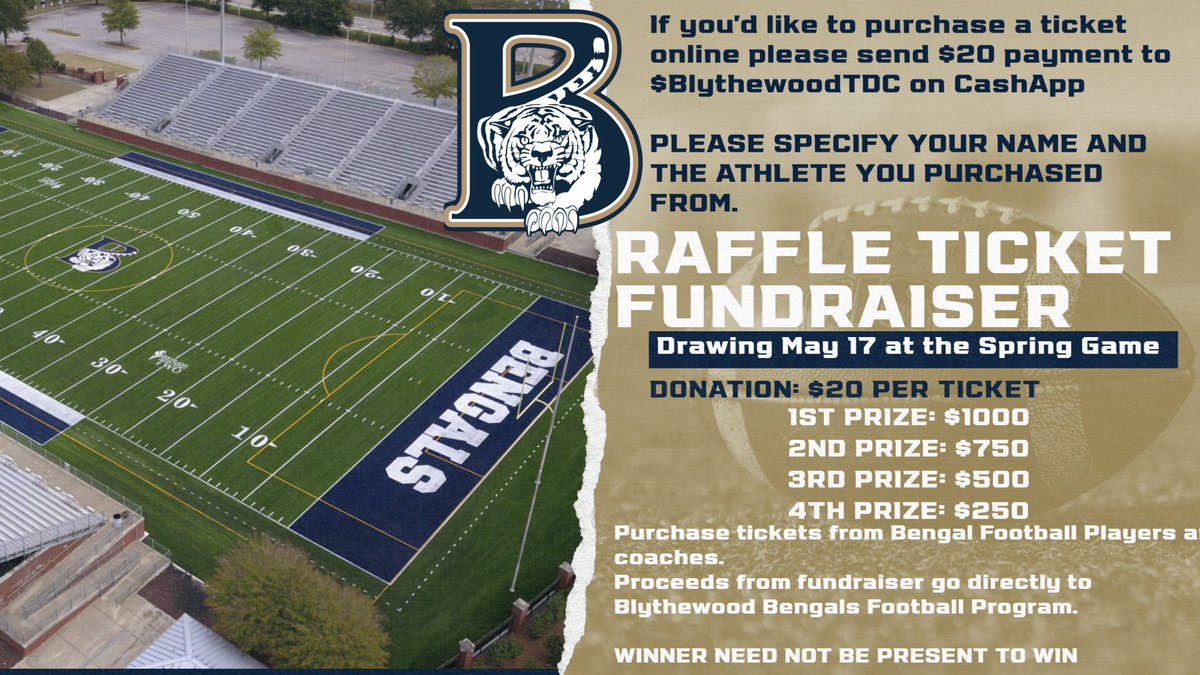 We are selling $20 Raffle tickets for Blythewood football. This money goes to purchasing meals and gear for our players. $20 to win $1000! If you are interested, please contact an athlete, coach, or this account.