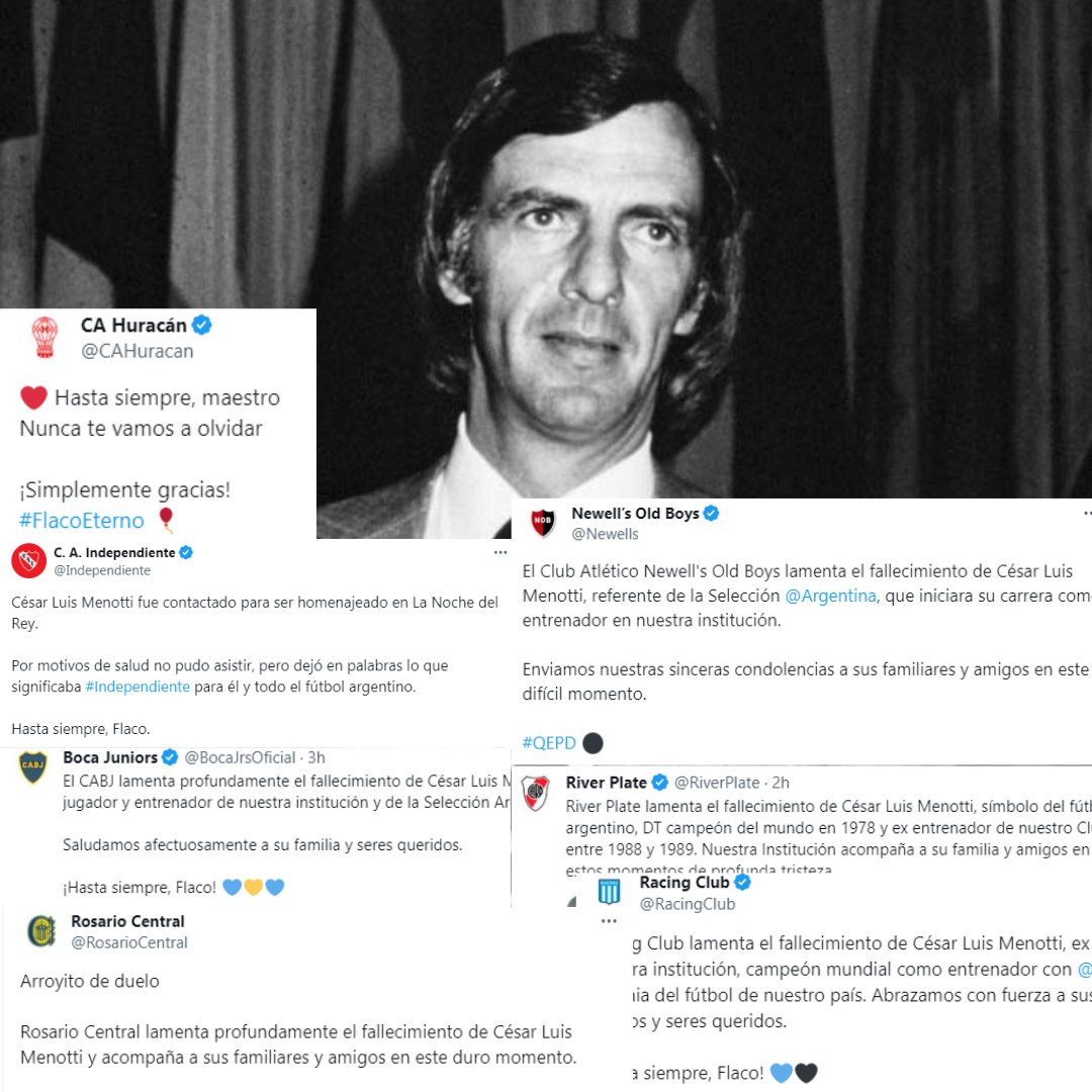 #FutbolArgentino 
¡EL FUTBOL LLORA AL FLACO! 😢

Luego de conocerse la triste noticia en la tarde, los clubes argentinos no dudaron en enviar sus mensajes para recordar a César Luis Menotti. 

👉 Una huella que durará toda la historia.