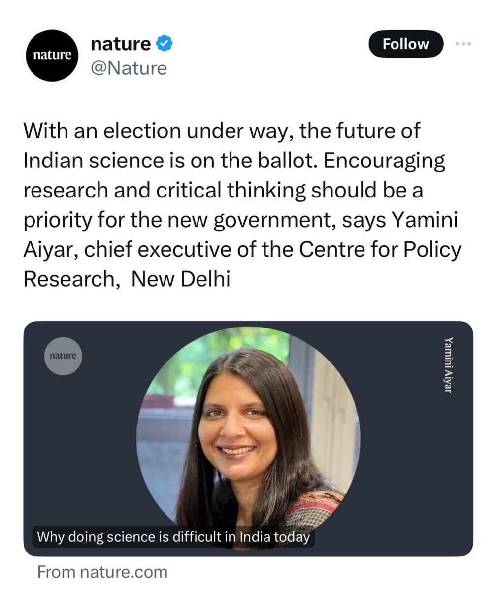 What @Nature fails to inform you is that Yamini Iyer is the daughter of Congress loudmouth, Mani Shankar Aiyer and her degree is in political science and economics, and something called ‘developmental science’. Have NO idea why Nature thinks her opinion on STEM carries any…