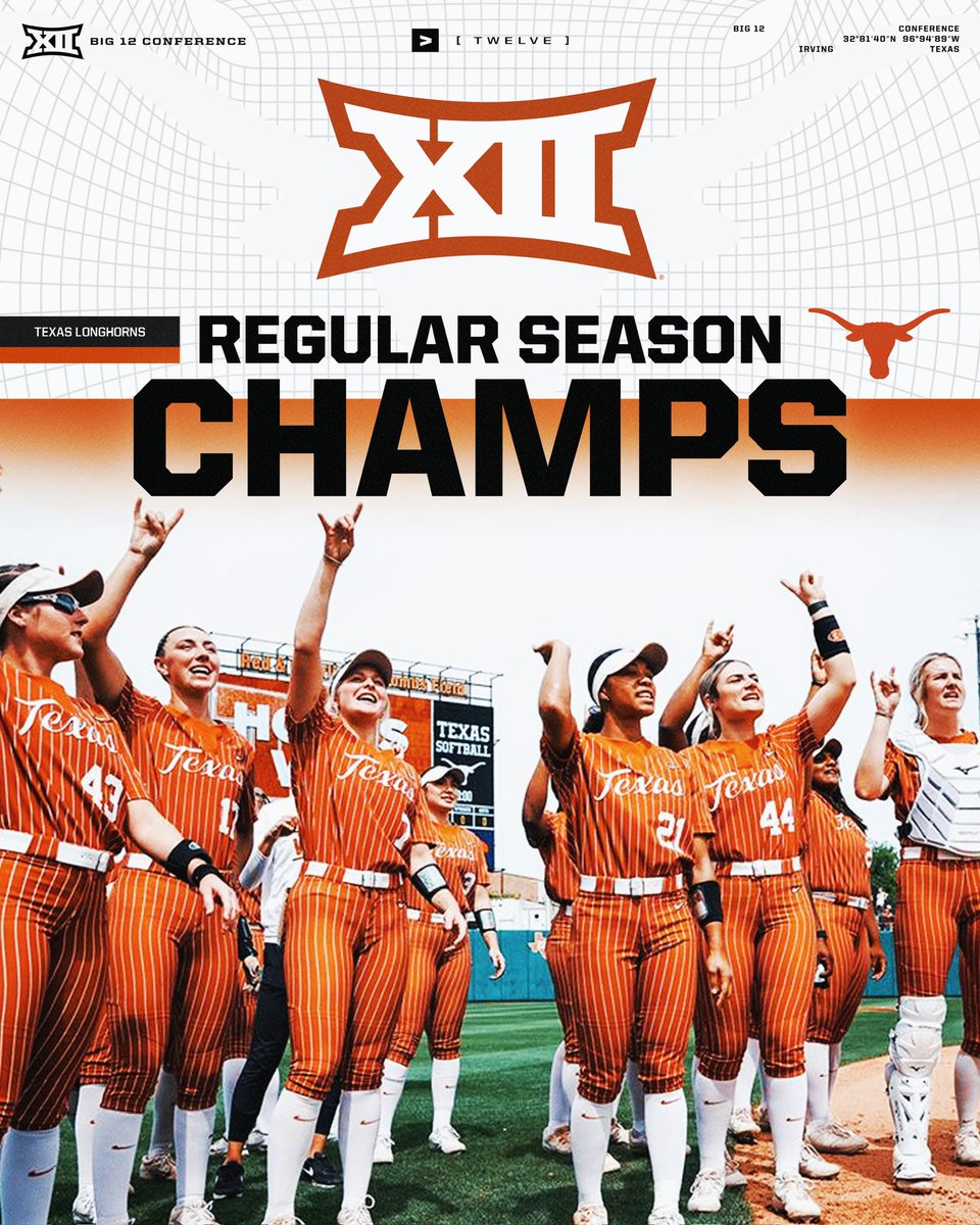 Texas Softball are the 2024 Big 12  regular season champions for the first time since 2010!
Congratulations!🏆
#HookEm🤘
#TexasFight
#ThisIsTexas 🥎