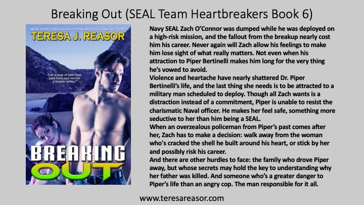 RT@teresareasor Breaking Out ( Book 6 SEAL Team Heartbreakers) An overzealous policeman from Piper’s past comes after her. Zach won’t walk away from the woman who cracked the shell around his heart. He'll stick by her, even if he risks his career. amazon.com/Breaking-Milit…