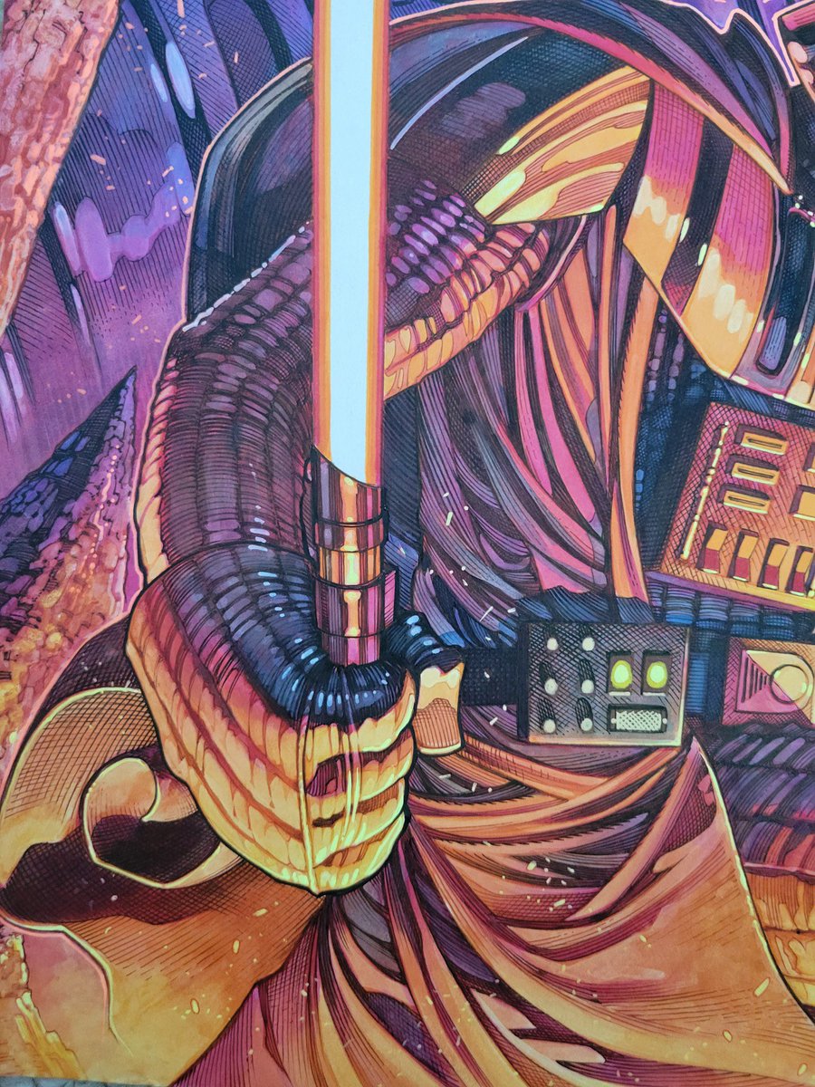 Close-up #3 of CHRIS STEVENS’ Darth Vader vs. Darth Maul original art painted commission! 18x24 Wall Power! Just look at that perfect marriage of inks and colors. Perhaps the most labor-intensive art in the hobby. Congrats to all who made his 2023 list! felixcomicart.com